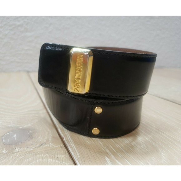 Vintage Moschino 28K Gold Redwall Italy Black Leather Belt Women\'s 28\